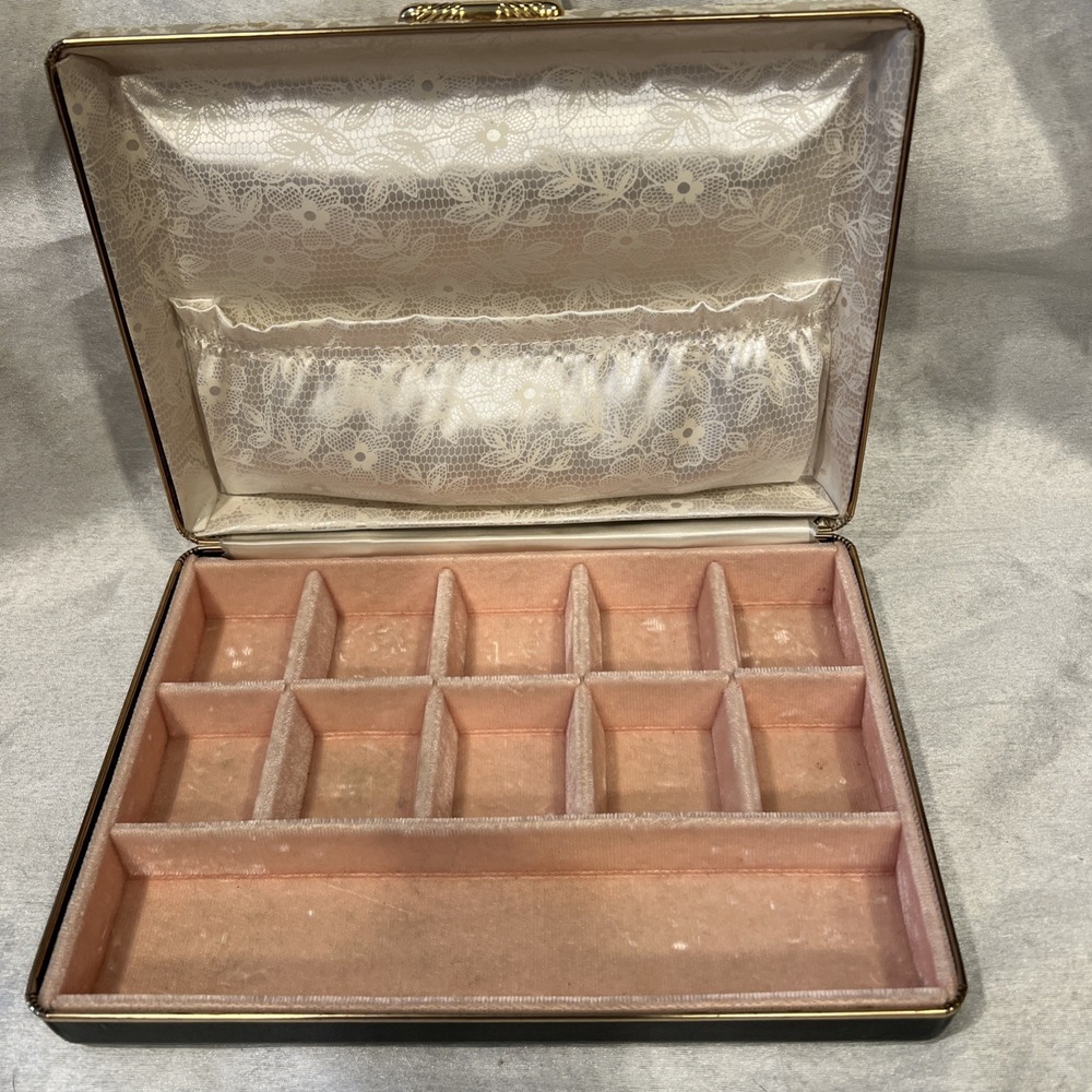 Vintage Hinged Meeker Clamshell Jewelry Box Floral Top / Pink Velvet Liner